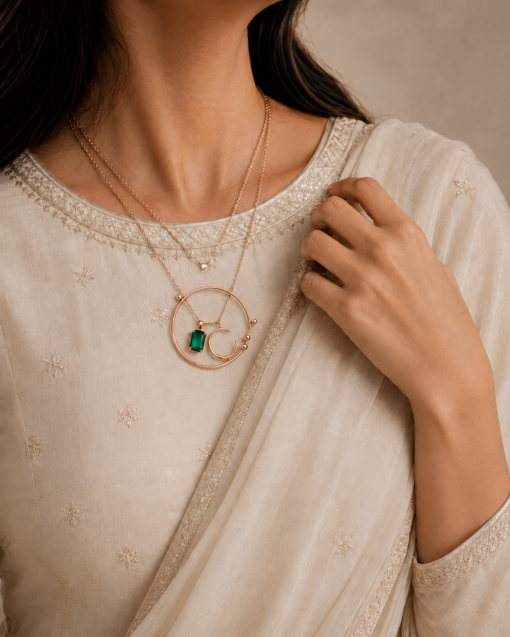 Elegant Rose Gold Circular Pendant Necklace with Emerald Green Stone