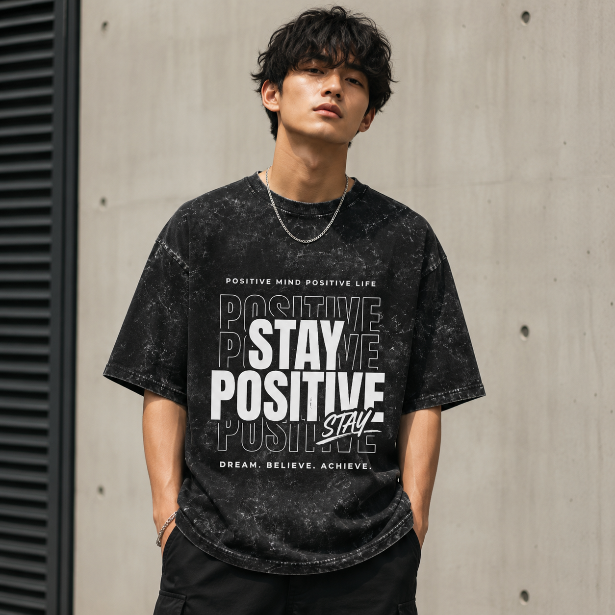 Stay Positive Acid Washed Oversized Tee