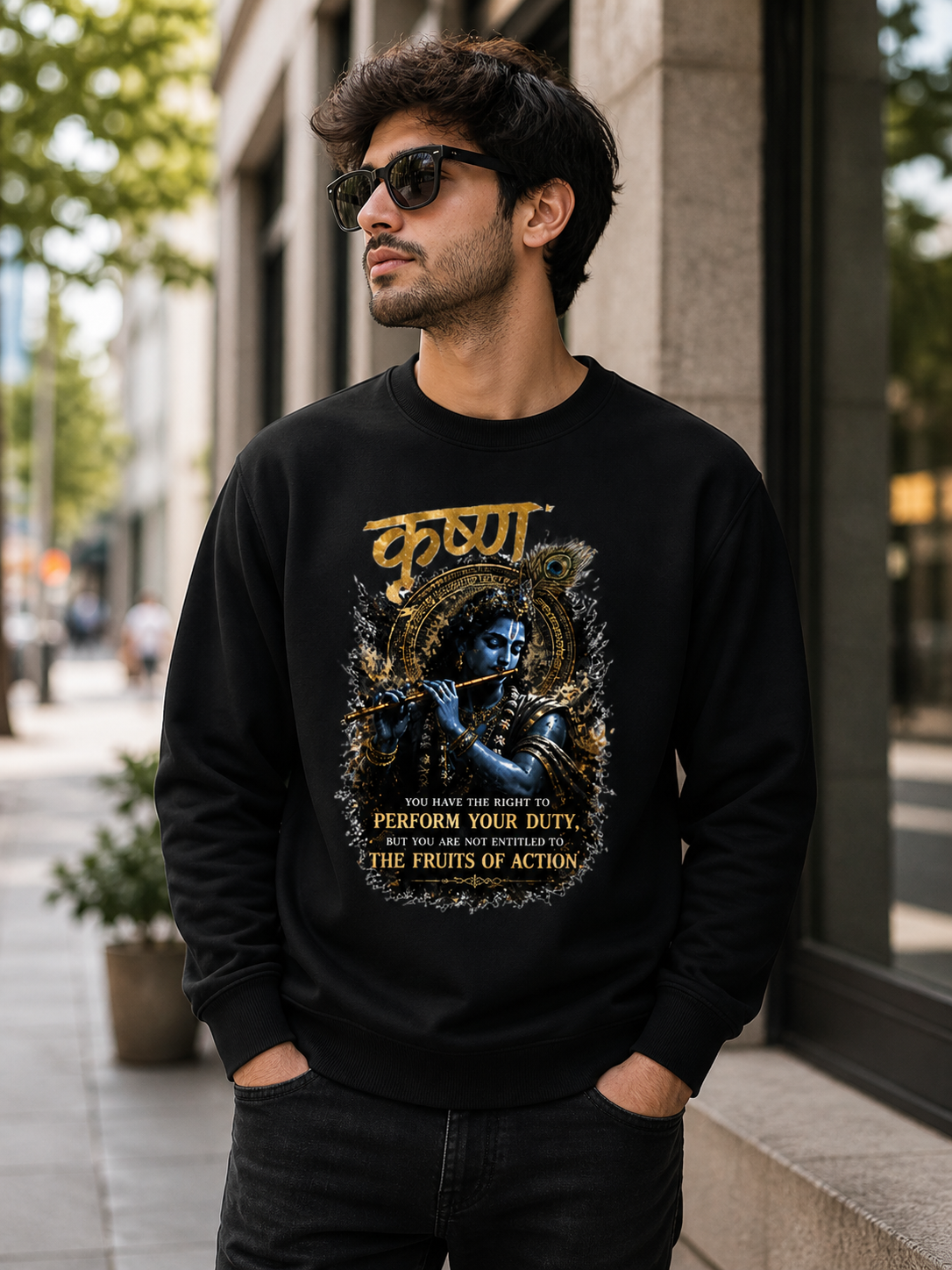 Krishna Spiritual Quote Sweatshirt – Bhagavad Gita Inspired Graphic Crewneck