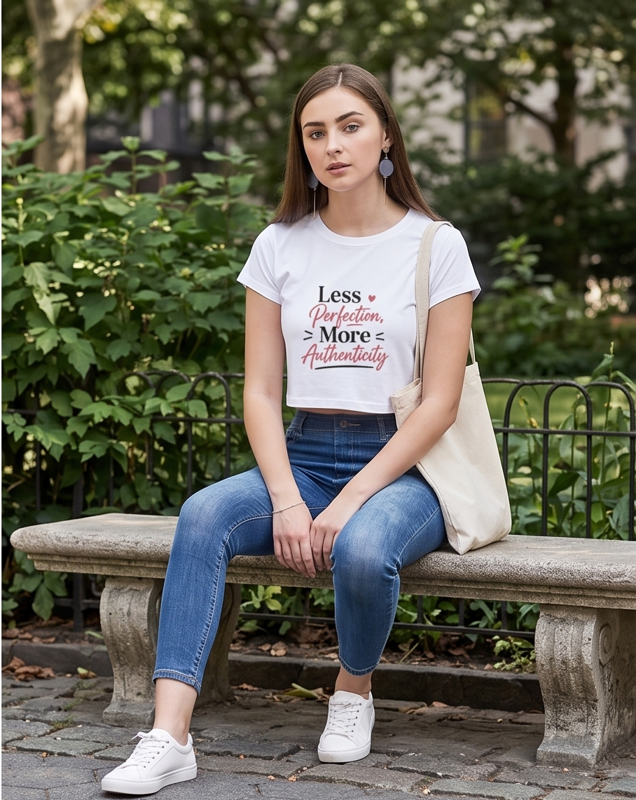 Less Perfection More Authenticity Crop Tee – Minimalist Aesthetic Graphic T-Shirt